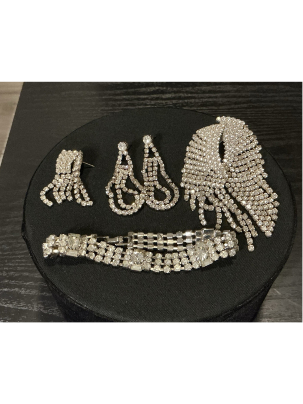 Lot of 4 Vintage Clear Rhinestone Jewelry 3 Pairs Waterfall Earrings & Bracelet.